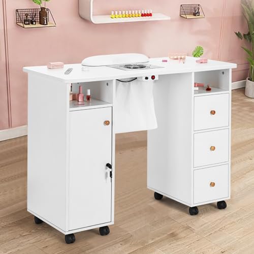 Artist hand Manicure Table, Nail Table, Nail Beauty Manicure Desk, Wrist Cushion, Lockable Wheels, Storage Drawers, Electric Downdraft Vent, White