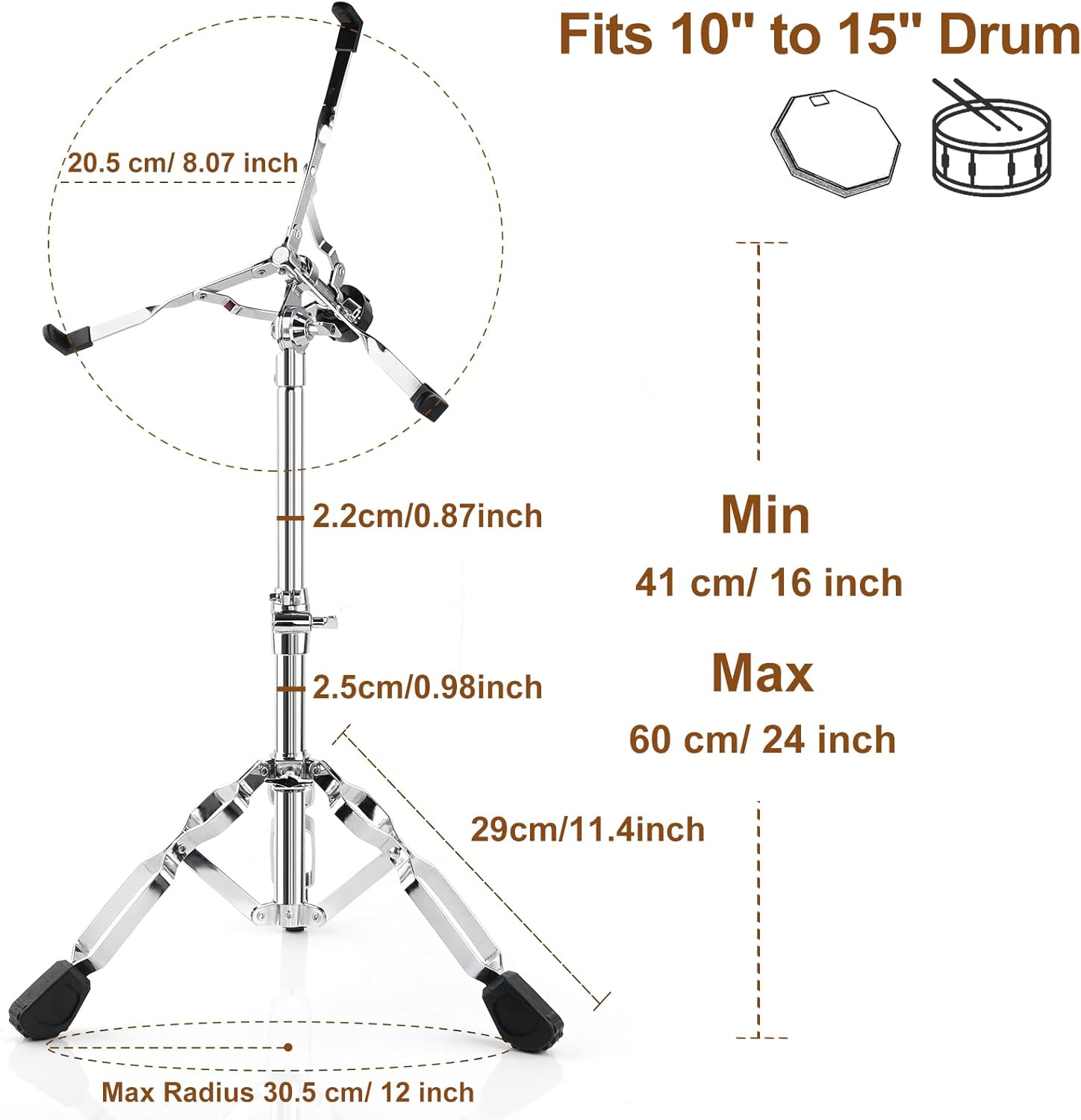 Vangoa Snare Drum Stand Lightweight Double Braced Adjustable Height with Carrying Bag Fit 10 to 15 Dia Drums