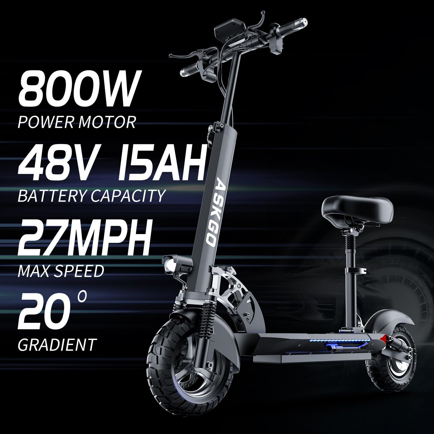 Q2 Electric Scooter for Adults, 800W Motor, Max Speed 27MPH & 35 Miles Range Electric Scooter with Seat, 10" Solid Tires, 48V 13AH Li-on Foldable E Scooter for Adults Dual Shock Absorption