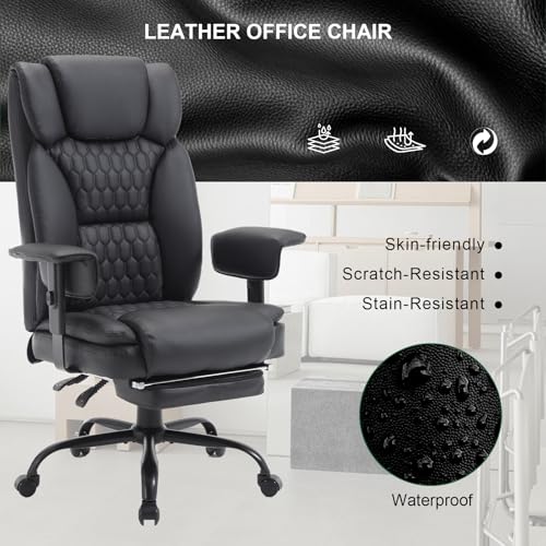 Big and Tall Office Chair 400LBS with Wide Seat High Back Ergonomic Executive Reclining Office Chair with Footrest Leather Computer Gaming Desk Swivel Chair with Wheels,Armrest, Lumbar Support,Beige