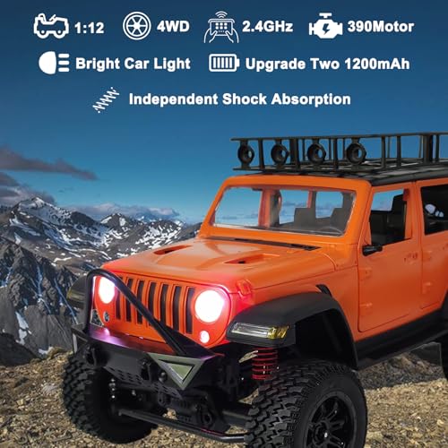RC Jeep 1/12 Off-Road Climbing Car 4x4 RC Rock Crawler RC Truck 390 Motor LED Lights RC Crawler MN128 with Metal Drive Shaft & Two 1200mAh Battery (Orange)