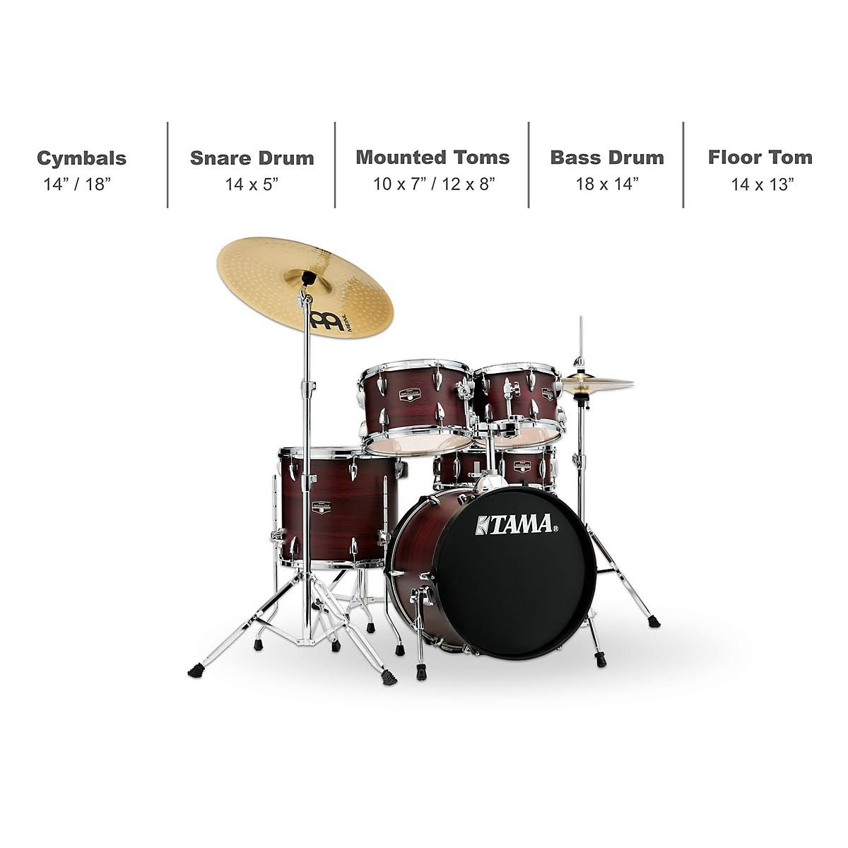 Tama Imperialstar 5-Piece Complete Drum Set with 18 in. Bass Drum and Meinl HCS Cymbals Burgundy Walnut Wrap