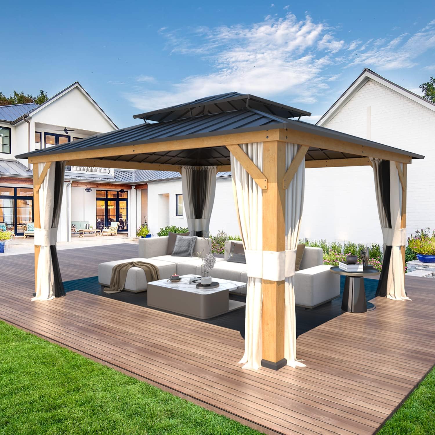 EROMMY 13'x15' Wood Gazebo, Outdoor Hardtop Gazebo Pavilion with Netting and Curtains, Spruce Wooden Frame Double Roof Metal Canopy for Patio Backyard Deck Garden