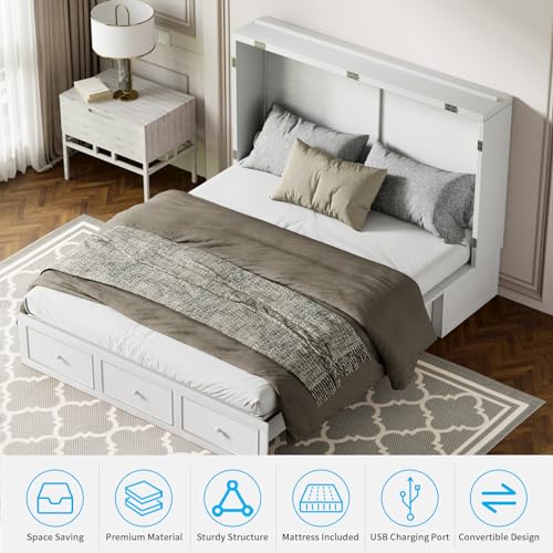 Mjkone Murphy Bed Cabinet with Tri-Folding Mattress, USB Charging Station & Storage Drawers, Multi-Purpose Guest Room Wall Bed, Space-Saving Murphy Cabinet Bed - Grey