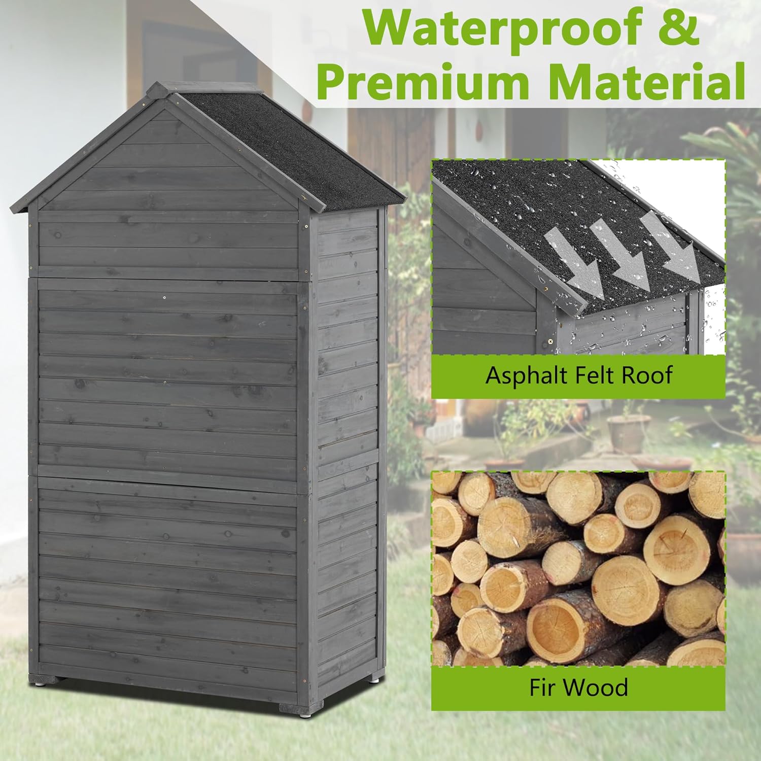 3x2 FT Outdoor Wooden Storage Shed with Lockable Door, Waterproof Asphalt Roof, Detachable Shelves, Outside & Indoor Tool Shed for Garden Backyard Lawn