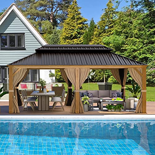 EROMMY 14'x20' Hardtop Gazebo Double Roof Galvanized Steel Canopy Outdoor Aluminum Frame Permanent Metal Pavilion with Netting and Curtains for Patio Backyard Deck and Lawns