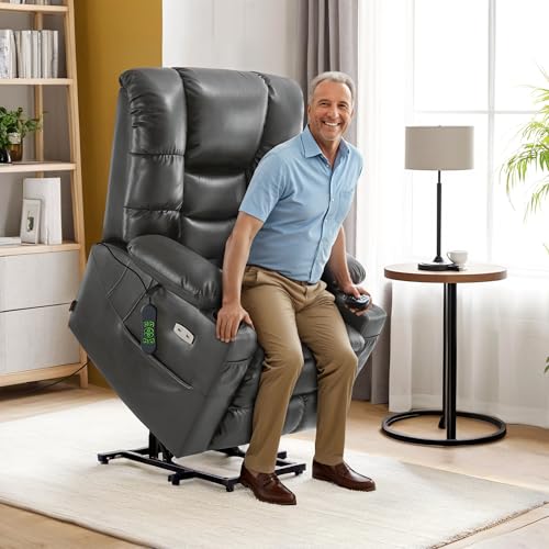 MCombo Large Triple Motor Power Lift Recliner Chair with Massage and Dual Heating, Adjustable Headrest for Tall Elderly People, Faux Leather 7634 (Dark Brown, Large)