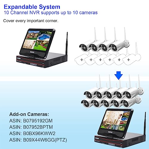 10CH Expandable Wireless Security Camera System with 10.1" Monitor 4pcs 5MP Indoor Outdoor Camera 1-Way Audio Night Vision Motion Detection Home Business CCTV Surveillance 1TB HDD