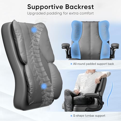 Executive Leather Office Chair, Computer Chair with Thick Cushion & Lumbar Support, Ergonomic Desk Chair with Adjustable Headrest & Armrests,Black