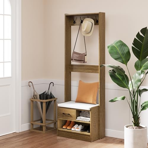 Hall Tree with Bench, Entryway Bench with Coat Rack, Shoe Storage, Soft Cushion, Wood Entryway Furniture, White