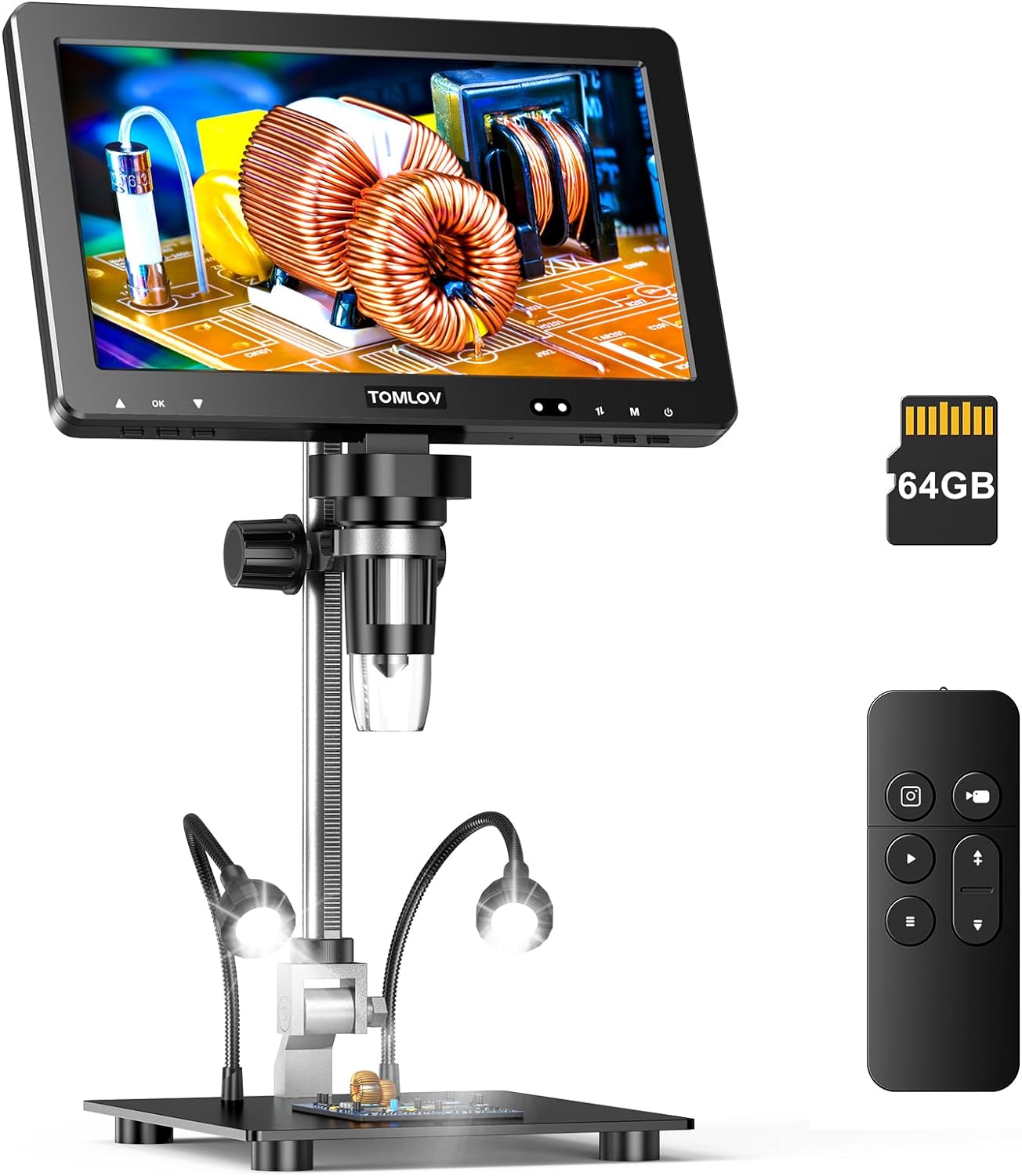 TOMLOV DM9 Max 10.1" HD IPS HDMI Digital Microscope 1500X, 20MP Coin Microscope Magnifier for Error Coins with Screen, LCD Soldering Microscope for Adults, 10 LED Lights, PC/TV Compatible, 64GB