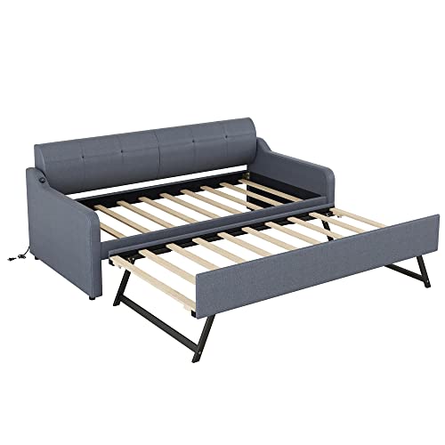 Harper & Bright Designs Twin Size Day Bed with Pop up Trundle Upholstered Day Beds with USB Charging, Wood Twin Bed Frame for Kids, Teens and Adults Trundle can be Flat or erected (Grey)
