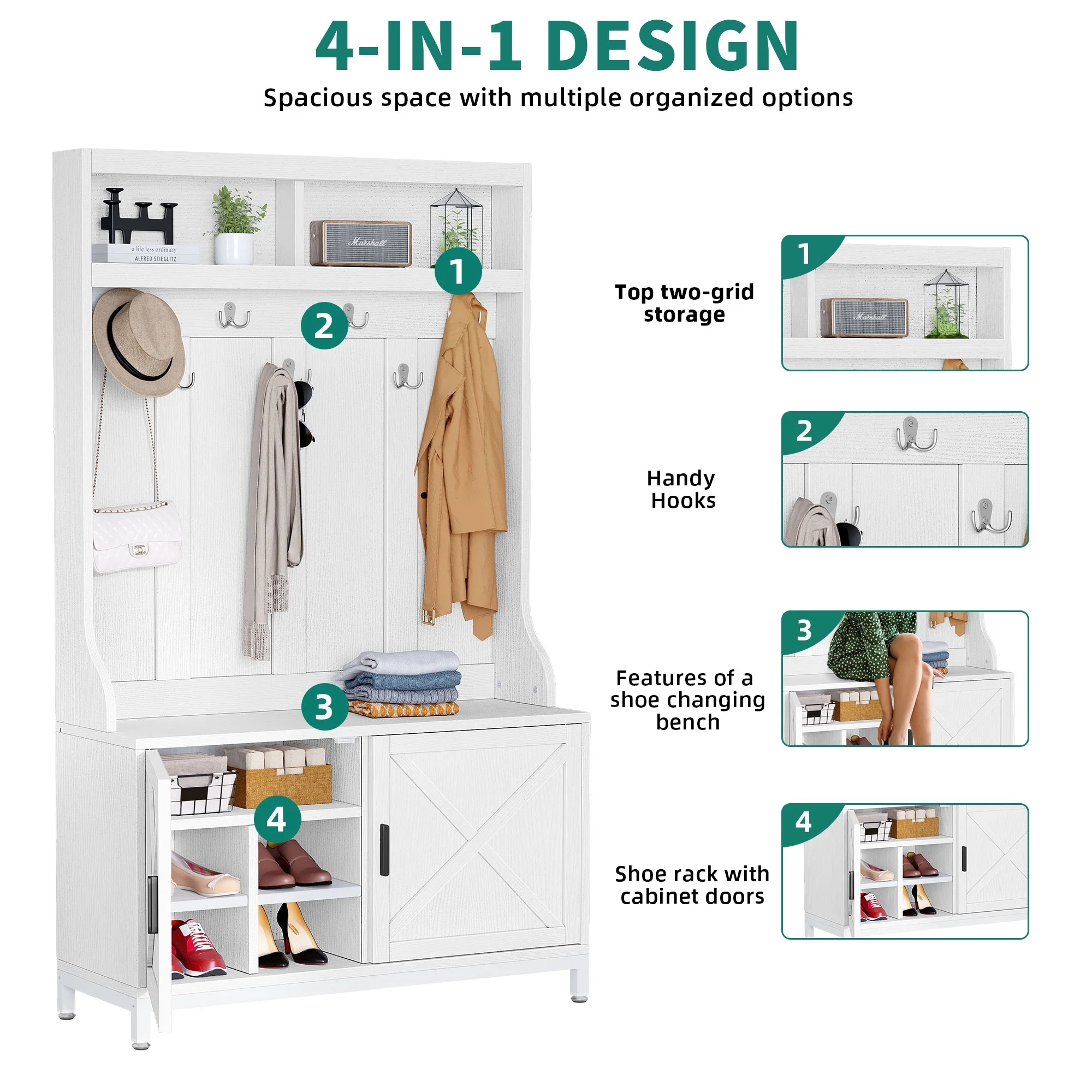 Dextrus Farmhouse Coat Rack with 14 Hooks, 4-in-1 Hall Tree with Storage Bench, Coat Hanger, Shoe Cabinet for Hallway, Living Room, White