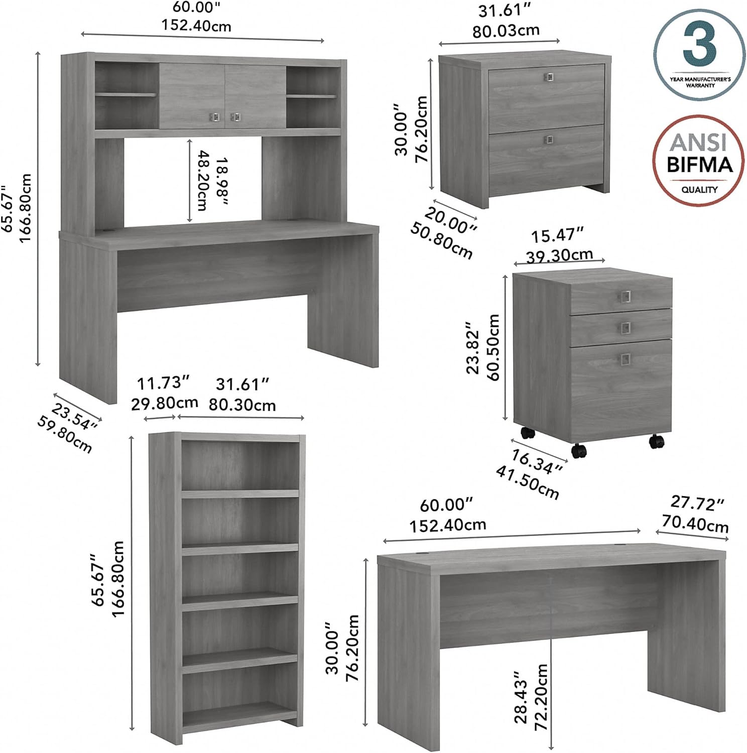 Bush Business Furniture Echo Bow Front Desk, Credenza with Hutch, Bookcase and File Cabinets, Modern Gray
