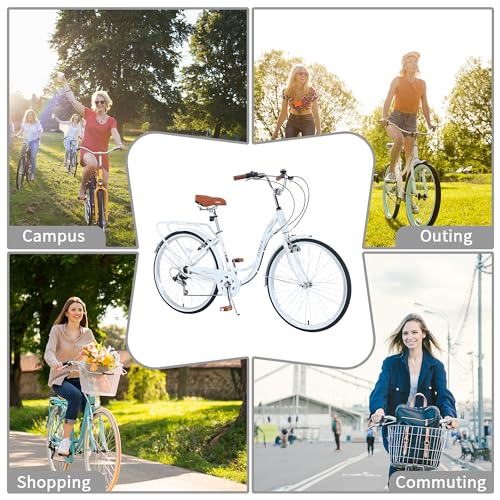 26 Inch Beach Cruiser Bike for Women, Womens Bicycles Hybrid Cruiser Bike with 7 Speed, Adjustable Seat, Lightweight Women Beach Cruiser Bike with Anti-Skid Tires, Front and RearV-Brakes