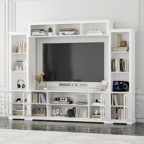 Wall Unit Entertainment Center, TV Wall Units for Living Room with Storage, 102" W Large Farmhouse TV Stand with Glass Doors, Ajustable Bookshelf & Bridge for Bedroom, Grey