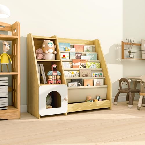 Montessori Kids Bookshelf, 5 Sling Baby Bookcase, 4 Tier Display Shelves, Wooden Book Rack, Toddler Toy Storage Organizer Cabinet, Floor Children Bookshelf Nursery Playroom Bedroom Library, Natural