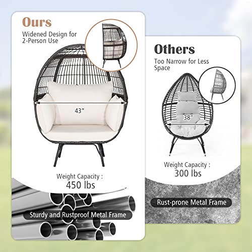 Oversized Egg Chair, Wicker Patio Basket Circle Lounge Chair w/Metal Stand & 4 Thick Cushions, PE Rattan Egg Lounger Outdoor Indoor for Backyard, Balcony, Living Room (Light Brown)