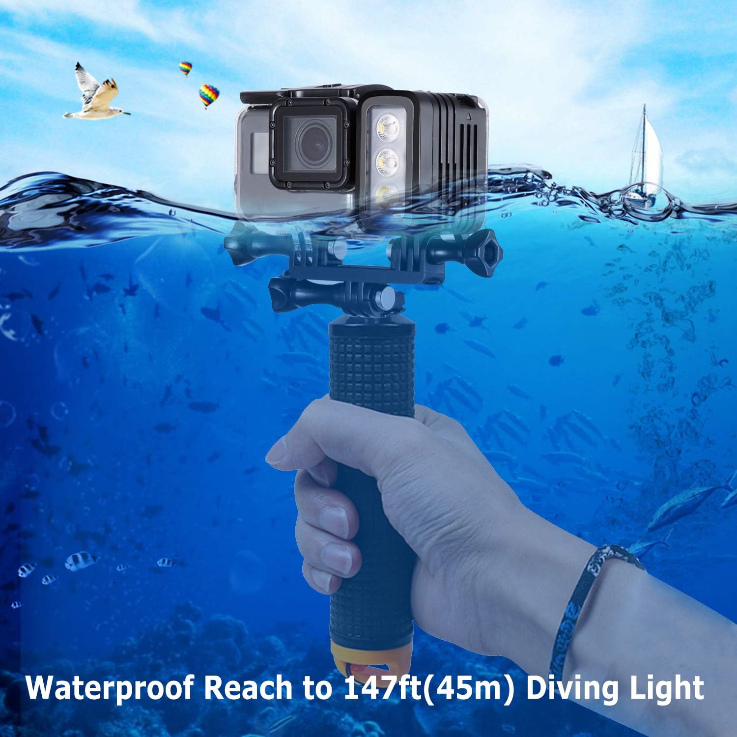 Underwater Lights Dive Light 147ft(45m), HONGDAK Diving Light High Power Dimmable Waterproof LED Video Fill Night Light for Hero 8 7 6 5 5S 4 4S 3+/3/2 SJCAM/Xiaoyi Action Cameras etc.