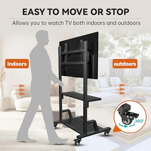 Mobile TV Stands for Flat Curved Screens, Rolling TV Cart Floor Stand with Mount, Shelf and Wheels for Living Room, Bedroom and Office