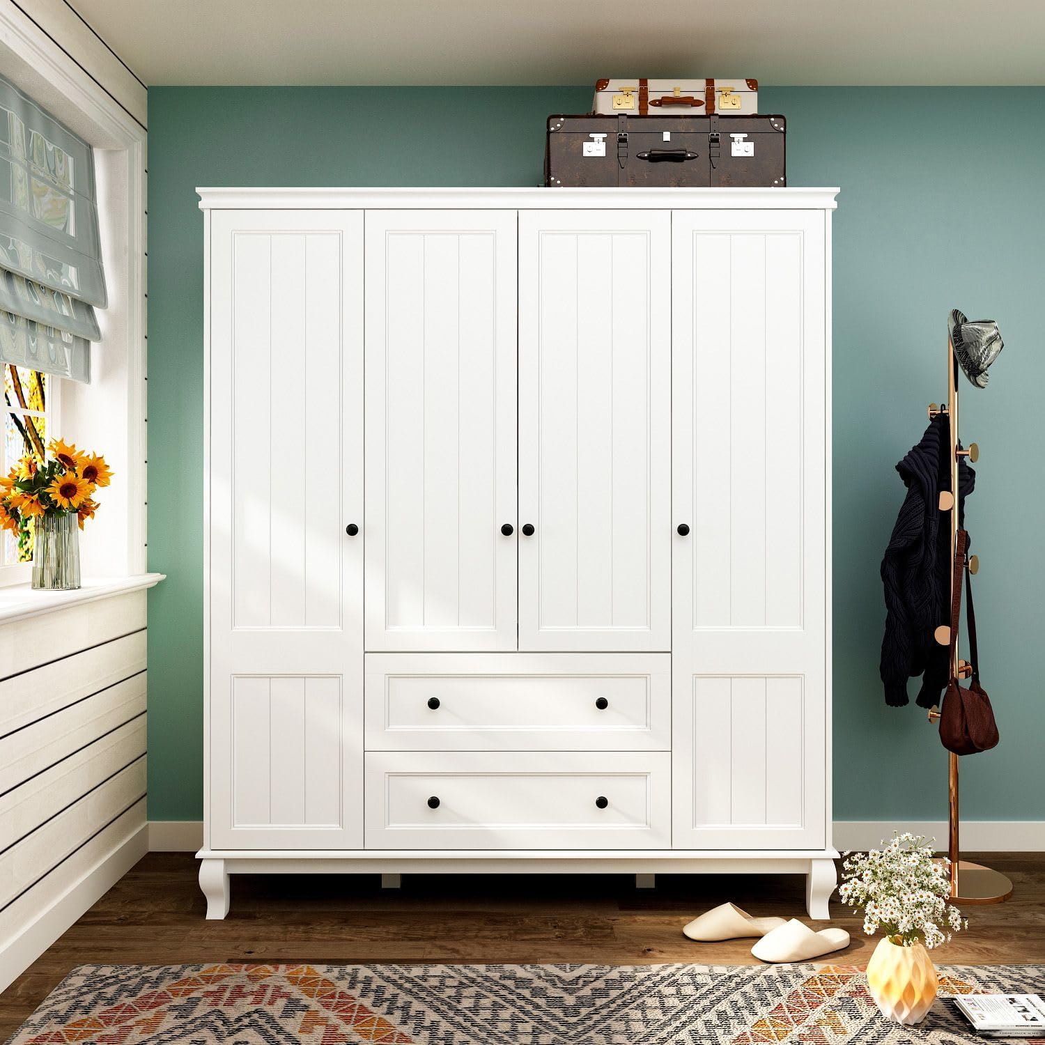 MOUMON Large 4-Door Wardrobe Closet with Doors and Shelves, Armoire Wardrobe Closet with Hanging Rod, Clothes Wardrobe with 2 Drawers, Armoire for Bedroom White (63”W x 18.9”D x 71.3”H)
