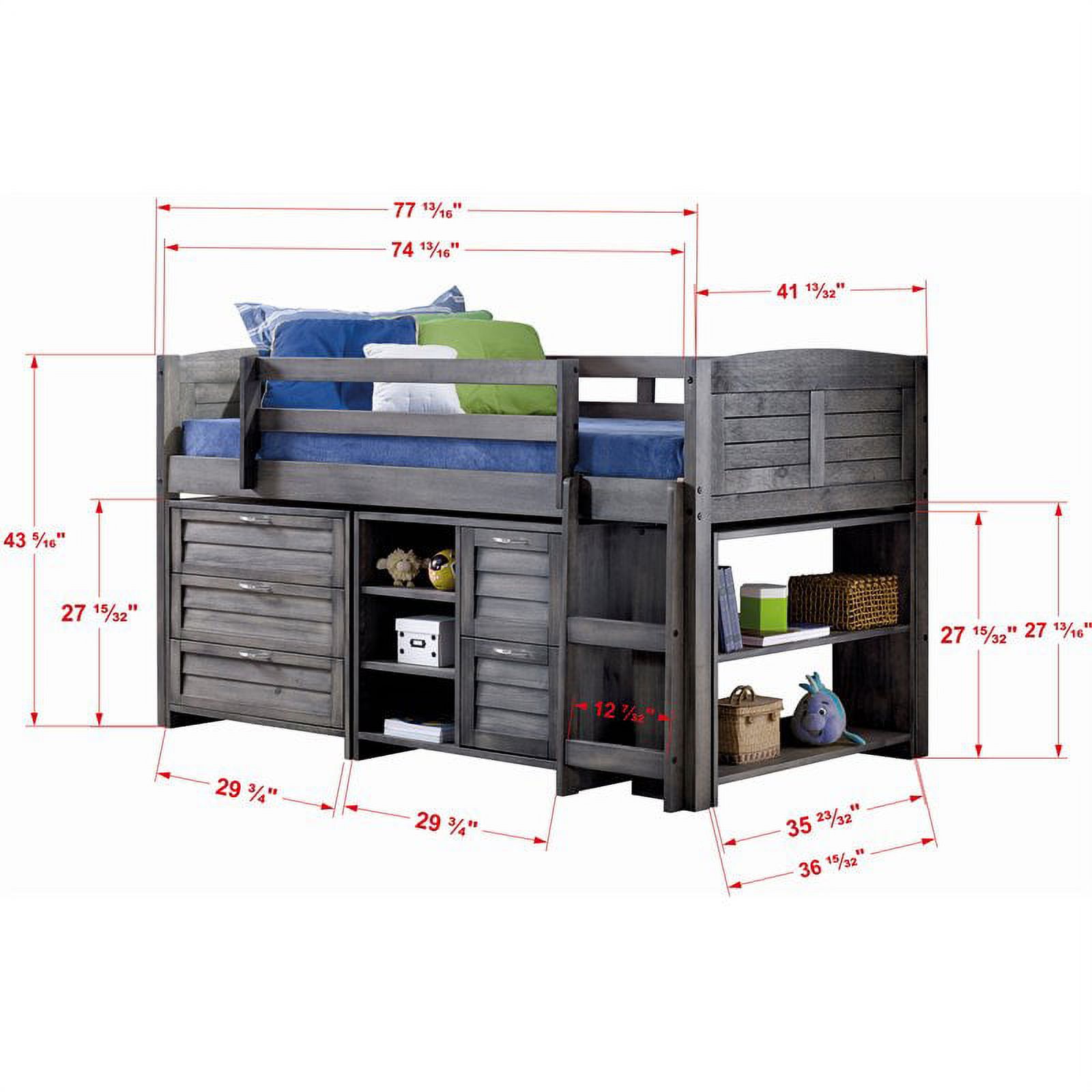 Roseberry Kids Solid Wood Twin Low Loft with Storage in Antique Gray