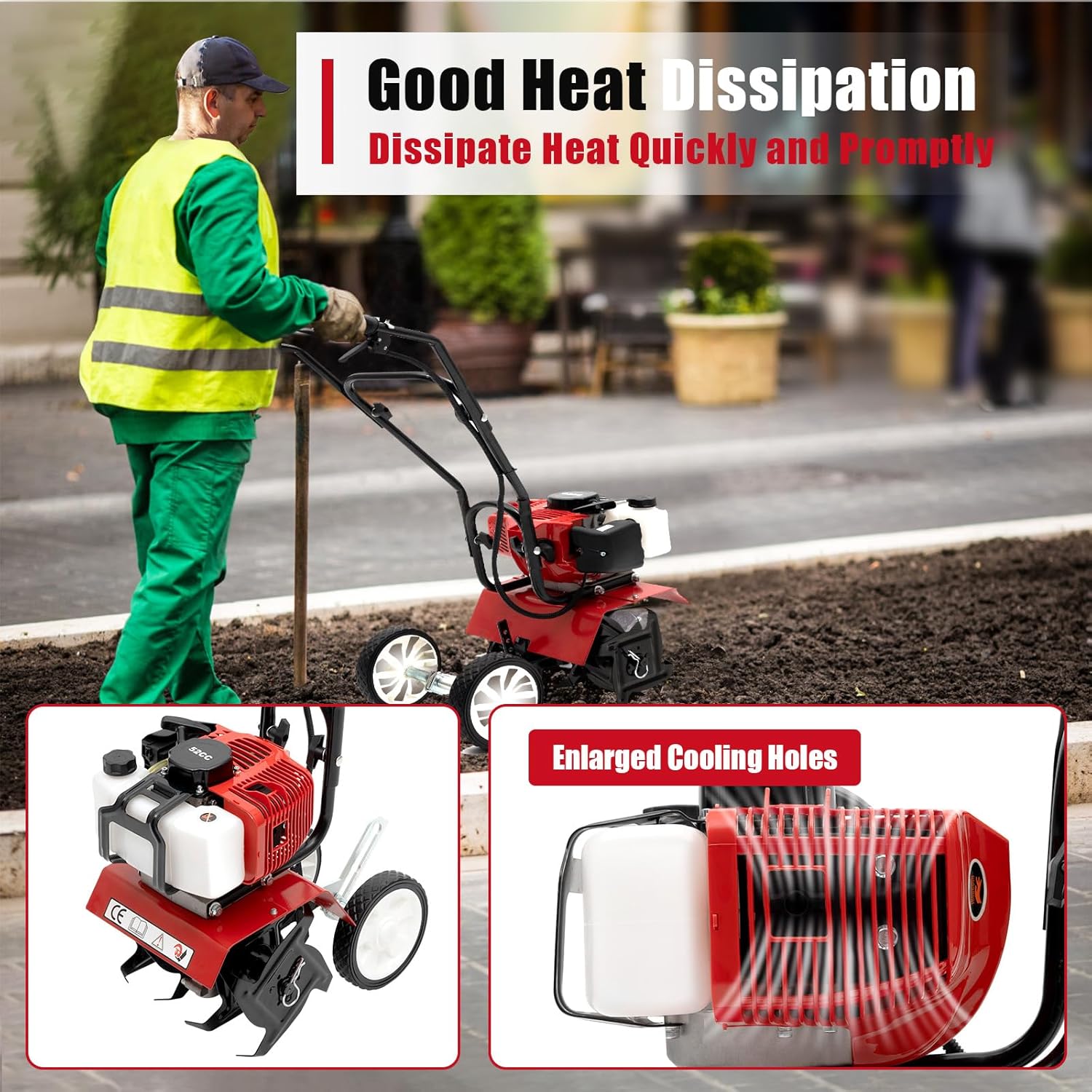 Mini Tiller Cultivator, Powerful 52cc Two-stroke Single-cylinder Gasoline Engine, Gear Drive Transmission, Height Adjustable Wheels, for Gardening
