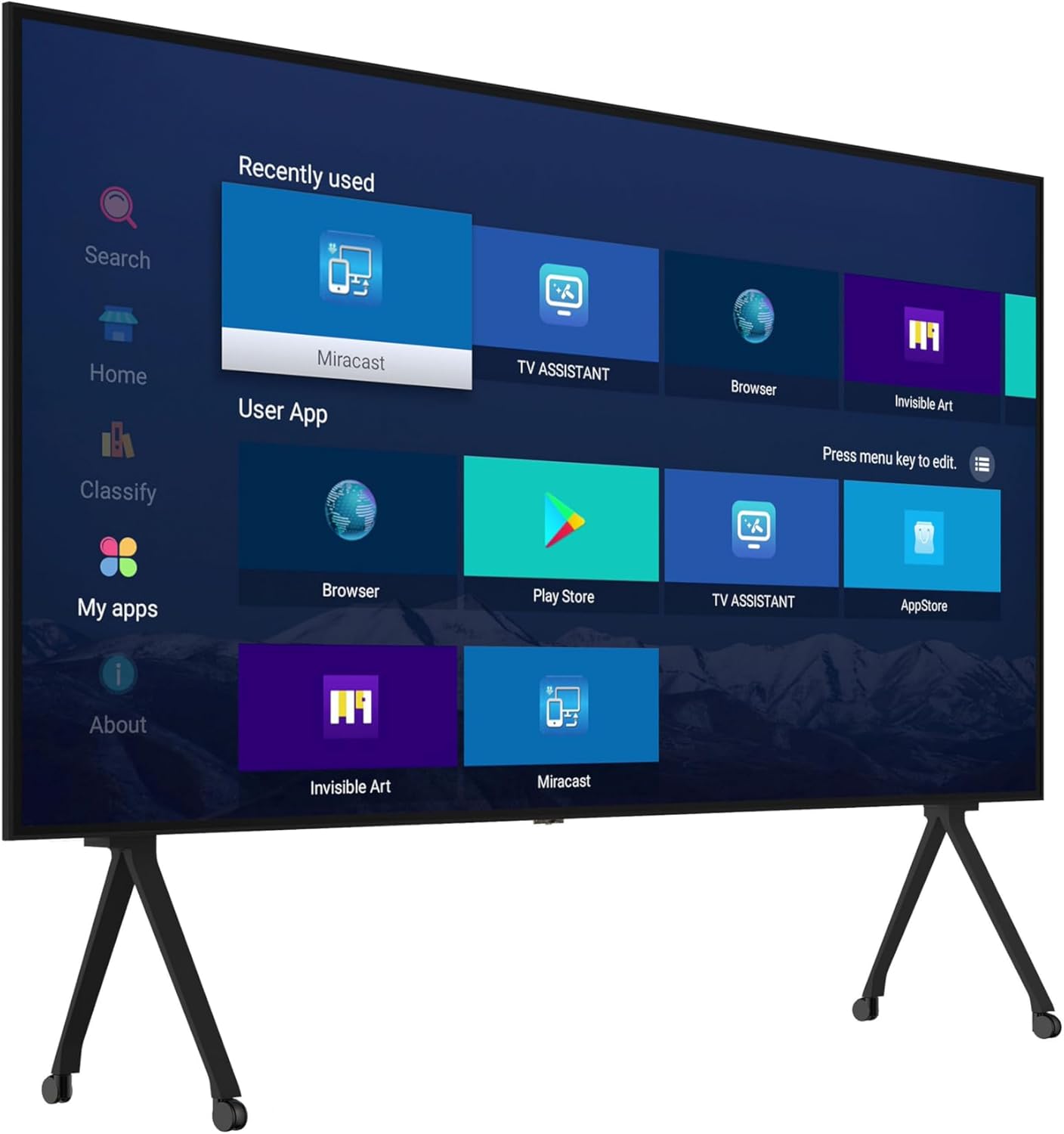 98 Inch 4K Mobile Digital Signage TV A+ Panel, Civil, Commercial with Wi-Fi, Ethernet, Bluetooth, HDMI, USB, 178° Visual Angle, 50000h, Ultra HD