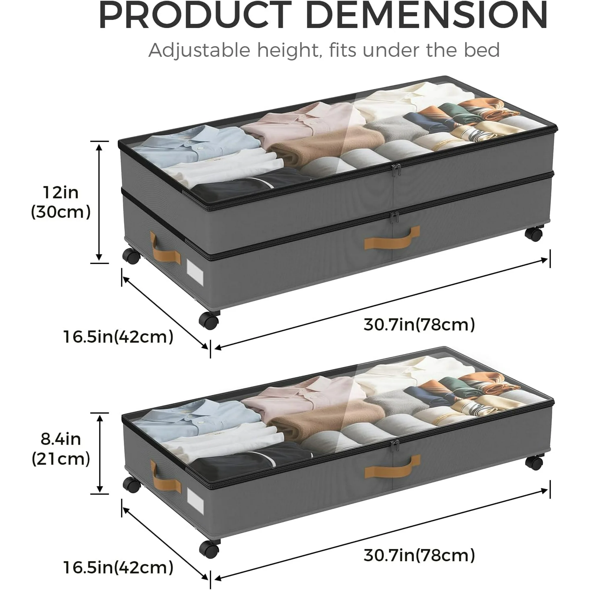 Under Bed Storage with Wheels 2-Pack, 75L XXL Under the Bed Storage Containers Large, 12 Tall Adjustable Storage for Underbed with Lids, Rolling for Shoes, Clothes, Blankets (Grey)