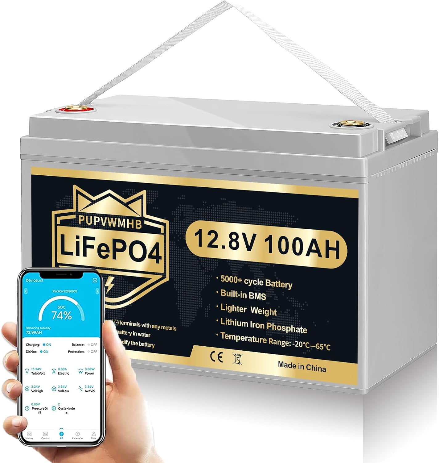 12V 100Ah Bluetooth LiFePO4 Lithium Battery, 100A BMS,Low Temperature Protection with Up to 8000 Cycles, Max. 1280Wh Energy LiFePO4 Battery, Perfect for RV, Solar, Trolling Motor