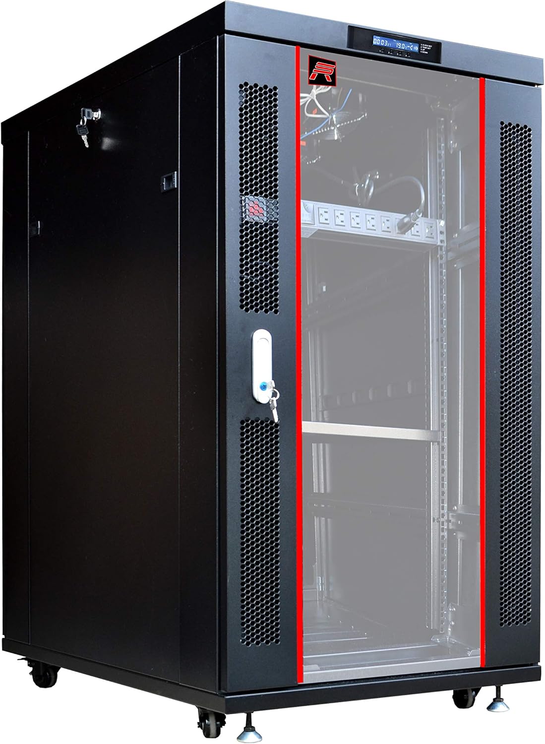 Sysracks 18U Server Rack Network Enclosure 39 inch Deep Data Cabinet on Wheels - Fully Locking Network Rack - Thermostat - LCD Screen - Power Strip - 4 Cooling Fans - Shelf