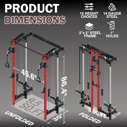 Mikolo Folding Squat Rack, Wall Mounted Power Rack with Cable Crossover Machine & LAT Pull Down, Functional Trainer with 5 Adjustable Function Modes, for Home Gym and Space Saving