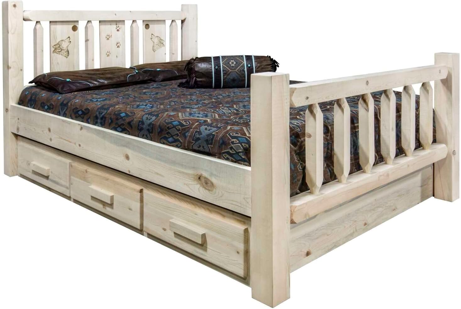 Montana Log Collection Wood Homestead Queen Storage Bed MWHCSBQLZWOLF