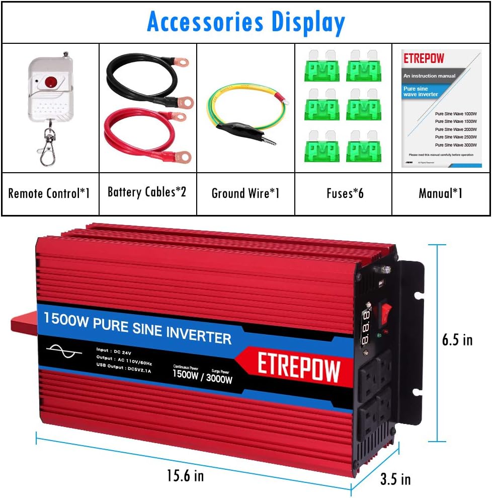 ETREPOW 3000 Watt/6000 Watt Pure Sine Wave Power Inverter 12V DC to 110V /120V AC Power Converter Wireless Remote Control-Off-Grid Inverter for Outdoor ,Home,Camping, RV,Truck,Car