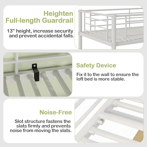 VECELO Metal Loft Bed Twin Size, Heavy Duty Bedframe with Removable Ladder and Safety Guardrail, Space-Saving, Noise Free, No Box Spring Needed, Off White