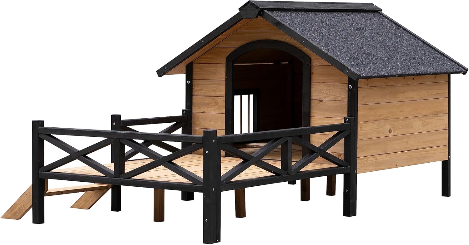 Rustic Wooden Dog Kennel with Porch: Outdoor Cabin Style - Easy Assembly, Kiln-Dried Fir Wood, Waterproof Paint - Quality Construction,Graphic Assembly Guide Included