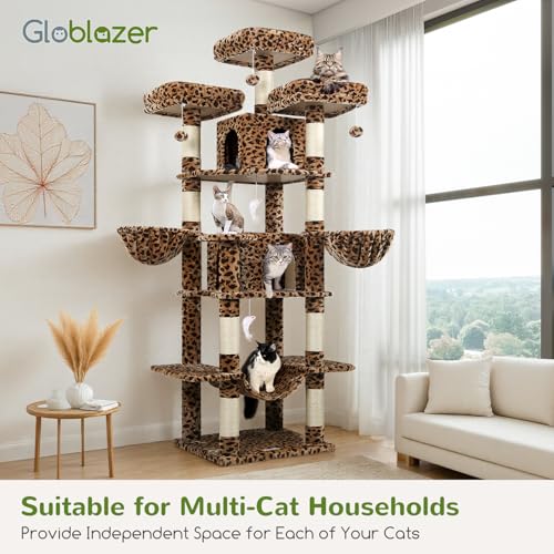 Globlazer Big Cat Tower for Indoor Cats, 80inch Cat Tower for Multiple Adult Cats XXL Cat Tree with Scratching Post, Hammock, 3 Perches, 2 Condos, 2 Hanging Basket, F80, Light Grey