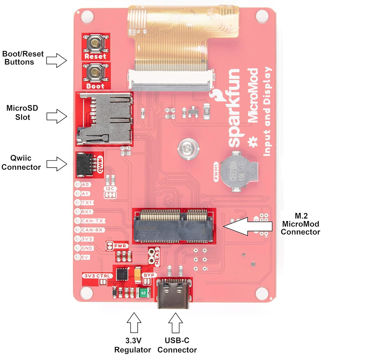 SparkFun MicroMod Input and Display Carrier Board-Modular Interface Ecosystem-Connect microcontroller/Processor Board to Various Carrier Board peripherals-2.4” TFT Display Screen Buzzer