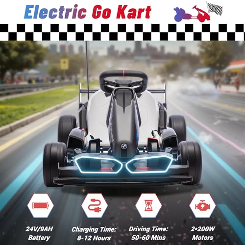 24V 9AH Electric Go Kart with Adjustable Seat, 7.5 MPH Drift Kart for Kids Age 6-12, 2 * 200W Motors, Drift Mode and 2 Speed, Licensed BMW (Grey)
