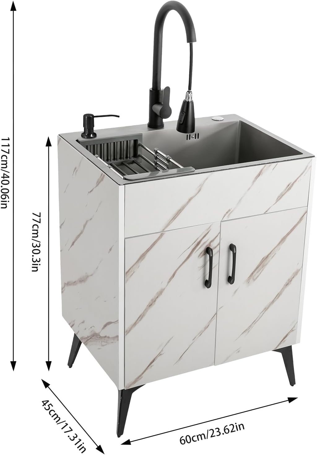 23.62inch Laundry Sink with Cabinet,Stainless Steel Sink with Pull-Out Sprayer Faucet Sink Cabinet Combo for Laundry Room,Utility Room,Bathroom and Kitchen,White