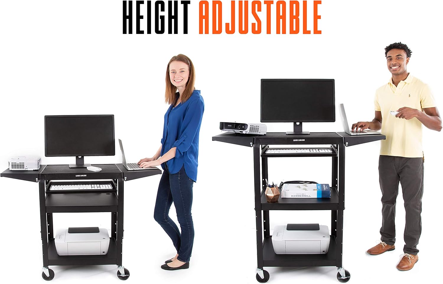 Line Leader Large AV Cart with Drop Leaves | Height Adjustable Utility Cart | Includes Pullout Keyboard Tray & Cord Management | Easy Assembly (54in x 18in x 42in / Black)