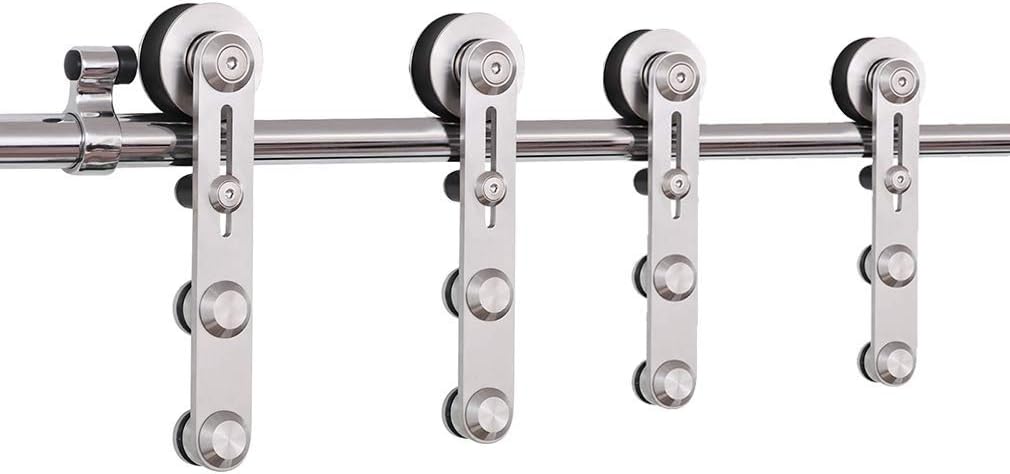 14FT Stainless Steel Sliding Double Barn Door Hardware Track Kit Heavy Duty Simple Install(Round Shape Hanger)