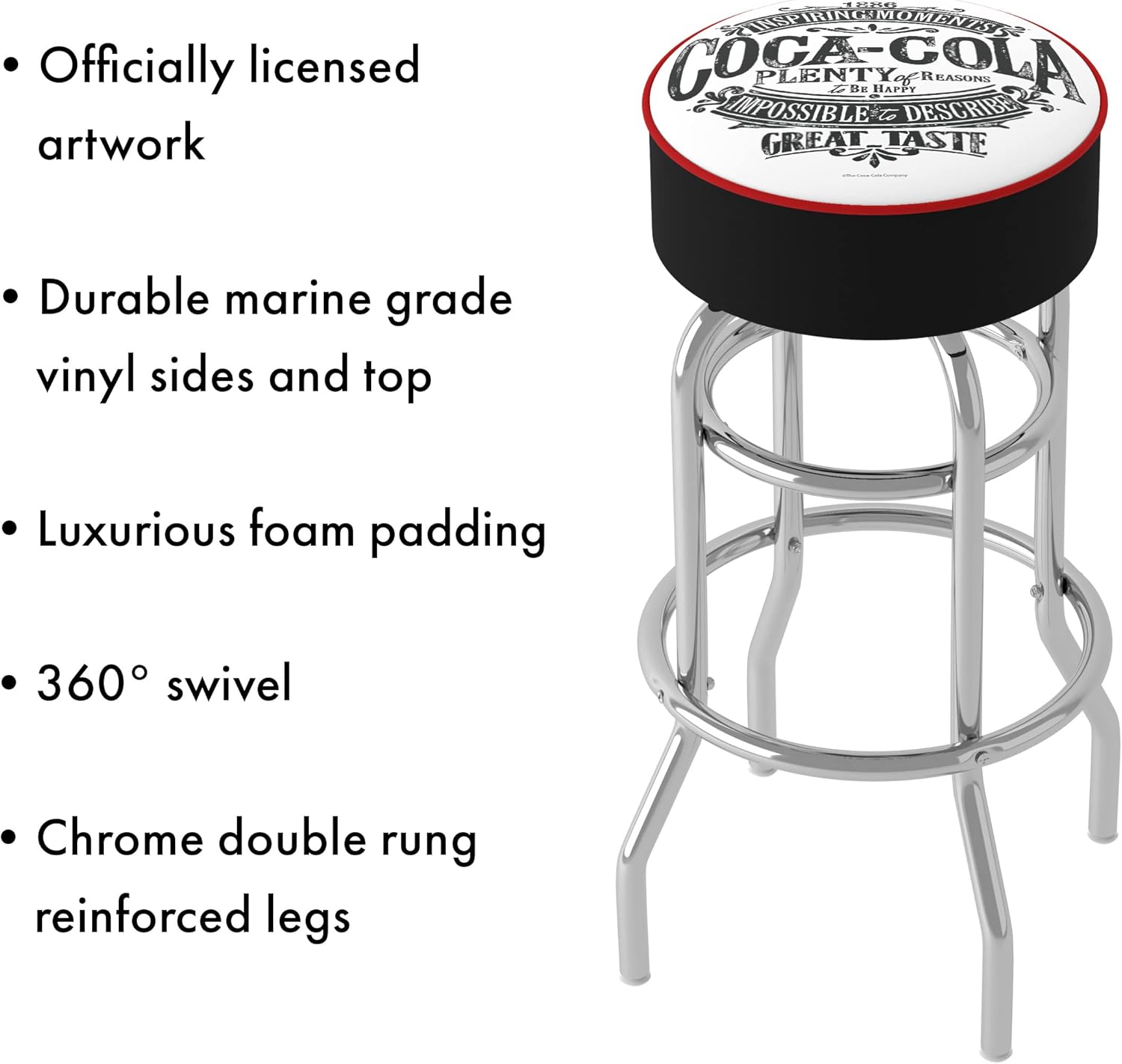 Bar Stool - Coca-Cola Brazil 1886 Vintage Stool with Foam Padded Seat - Swivel Chair for Game Room, Garage, or Home Bar by Trademark Gameroom