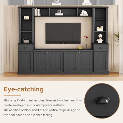 Modern TV Stand Set with Storage Cabinets, Drawers and Shelves, Large Wall Unit Set Entertainment Center, Media Console Table Set for TVs Up to 75", Black