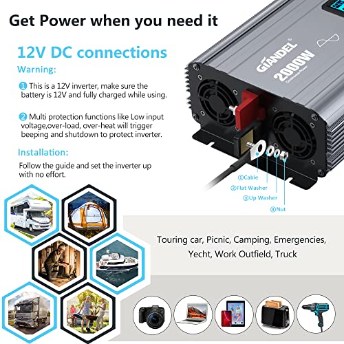 GIANDEL 2000W Pure Sine Wave Power Inverter FCC approved Low EMI DC 12V to AC 120V with a Hard Wire Terminal Block and Big LCD Display Wired Remote Controller for RV Truck Boat Solar System