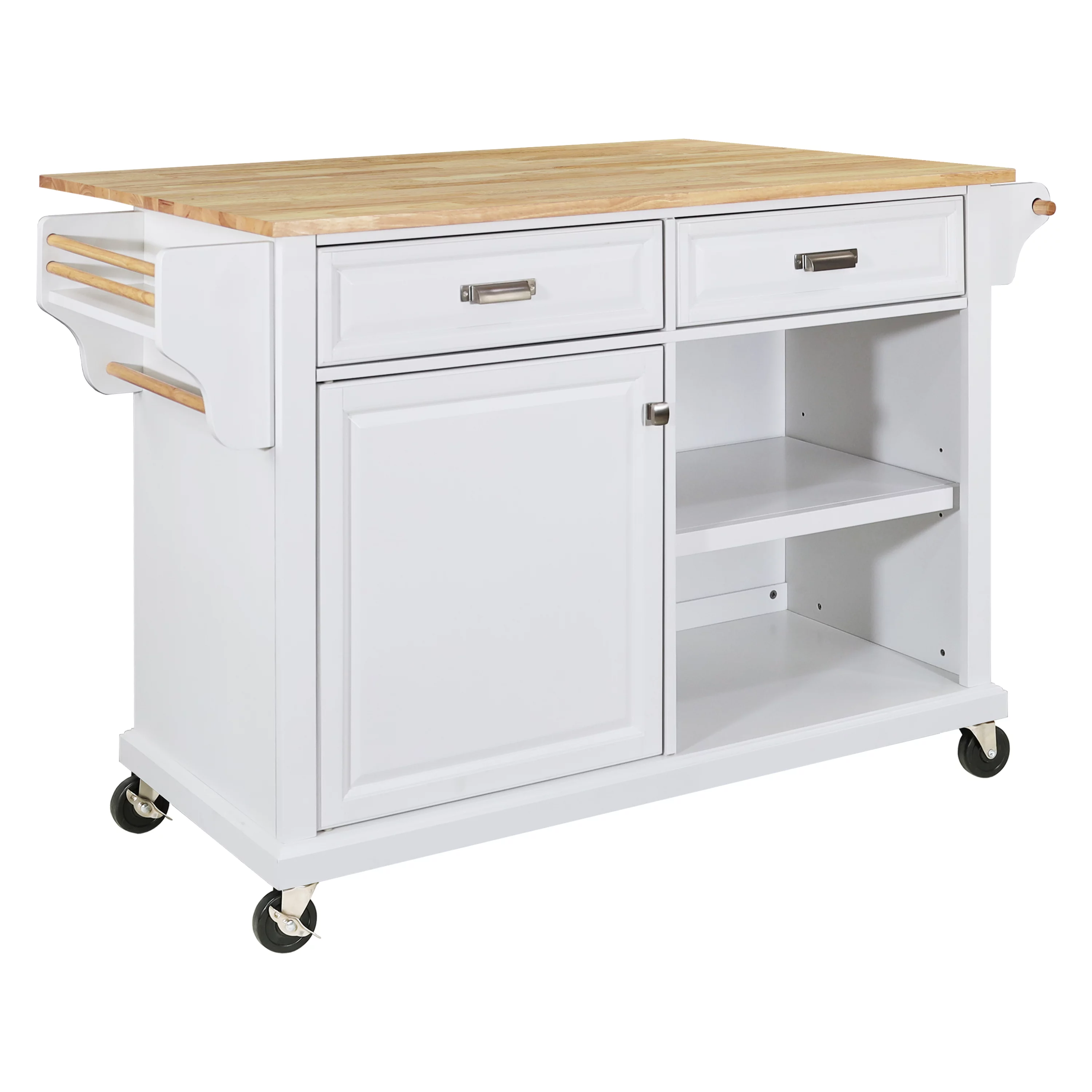 Multi-Functional Storage Island Cart with Rubberwood Countertop and Drop-Leaf, Greenguard Gold Certified, Kitchen Island on Wheels with Large Storage Cabinet,2 Drawers,Spice Rack,Towel Holder, White