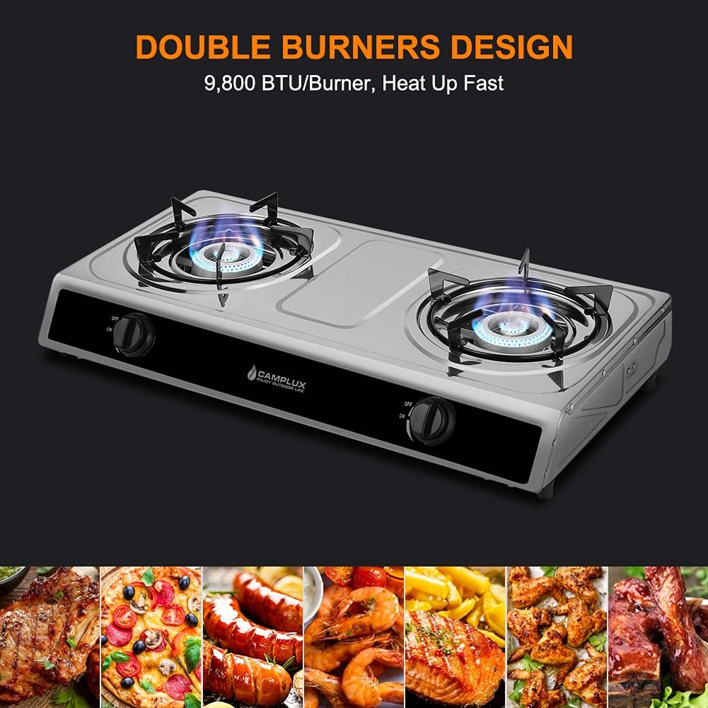 Camplux Camping Stove 2 Burners 19,600 BTU, Stainless Steel Gas Stove with Auto Ignition
