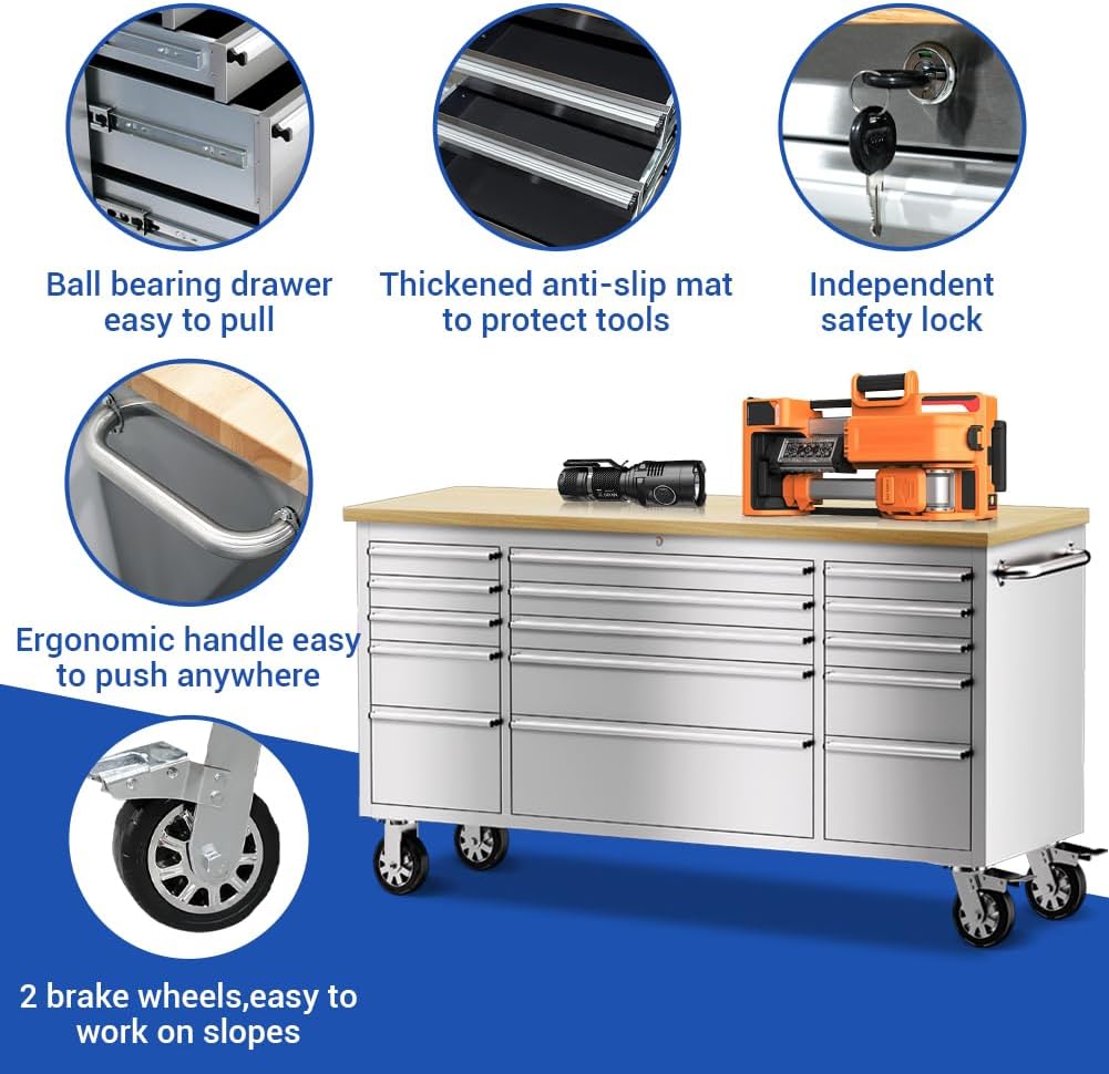 72-inch Stainless Steel Tool Chest with Wheels, 15 Drawers Rolling Storage Tool Cabinet, Heavy Duty Workbench Table with Wood Top, Lock and Liner, for Garage, Warehouse, Workshop