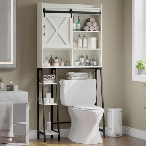 Over The Toilet Storage Cabinet, Farmhouse Storage Cabinet Over Toilet with Sliding Door && Toilet Paper Holder Stand, Home Space-Saving Toilet Rack, for Bathroom Restroom Laundry