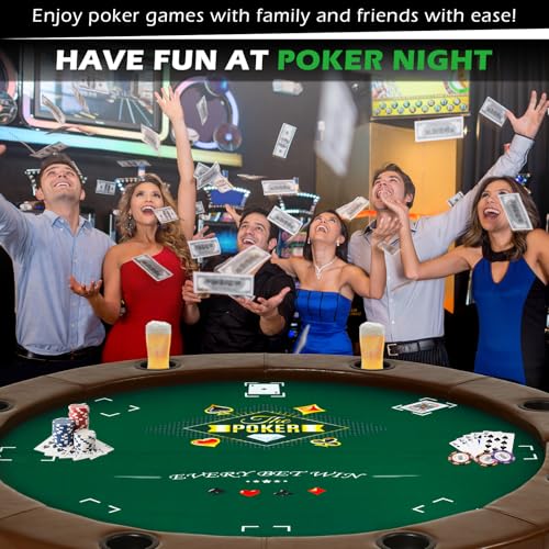 RayChee 8 Player Foldable Poker Table, Texas Holdem Table, Folding Leisure Game Table, Portable Casino Table for Game Room with Padded Rails and Cup Holders (Black, 71 inch)